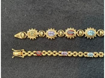Two Beautiful Gold-Toned Bracelets With Faceted Colorful Semi Precious Stones