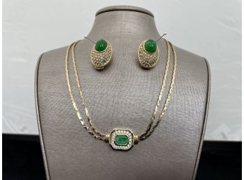 Vintage Ciner Green Oval & Rhinestone Earrings With Complimenting Necklace