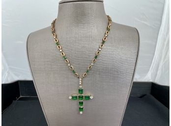 Stunning Faux Emerald & Diamond Cross Necklace