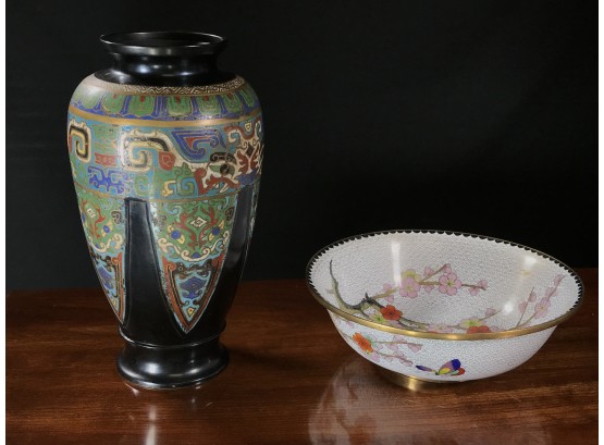 Two Beautiful Antique Cloisonne / Enamel / Champleve Tall Vase And Bowl VERY PRETTY PIECES !