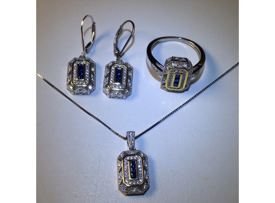 Incredible Art Deco Style 4 Piece Suite - All Sterling Silver With White & Blue Sapphires BEAUTIFUL SET !
