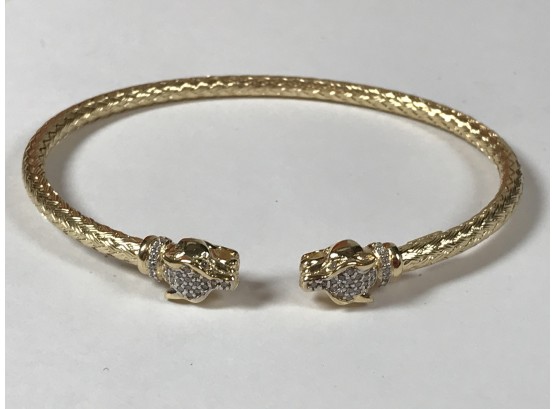 Beautiful Woven Sterling With 18K Gold Overlay & Swarovski Crystals Bracelet With Panther Heads MADE IN ITALY