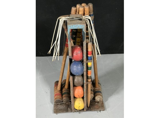 Antique Croquet Set - Old Paint - Lots Of Pieces - Mallets, Balls & Wickets - Nice Display Pieces