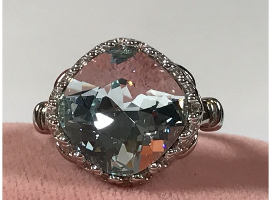 Amazing Sterling Silver Ring With Large Pale Aquamarine Colored Stone VERY PRETTY ! - Wonderful Ornate Setting