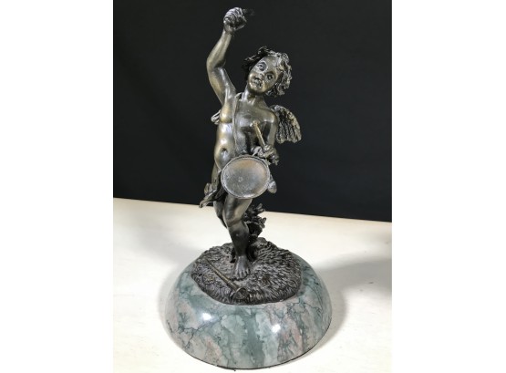 Lovely Bronze Winged Musical Cherub Figurine On Green Marble Base - Nice Piece - Vintage Look