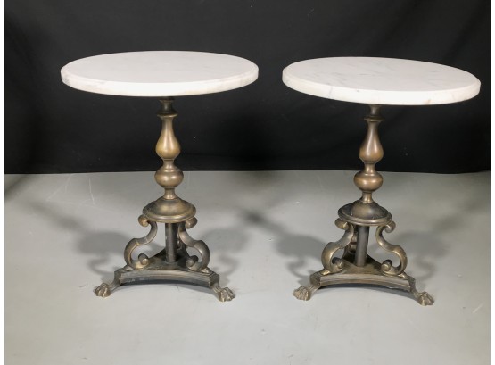 Elegant Vintage Pair Of Marble Top Tables With Turned Brass Bases - Detailed Claw Feet - Very High Quality