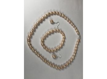 Lovely Three Piece Suite Of Freshwater Baroque Pearls - Pale Pink Necklace, Earrings & Bracelet With Sterling