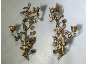 Fabulous Pair Of Hollywood Regency Gold Gilt Candle Sconces - Made In Italy - All Completely Hand Made