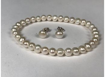 Fabulous Genuine Freshwater Pearl Bracelet And Earrings Set With Sterling Silver Posts - Amazing Color
