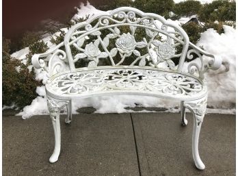 Fantastic Vintage Cast Iron Garden Settee - Old White Paint - Lovely & Unusual Rose Pattern - NICE BENCH !