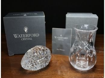 Two Fabulous Pieces Of WATERFORD Cut Crystal With Original Boxes  - Ribbon Egg & Waterford Society Posy Vase