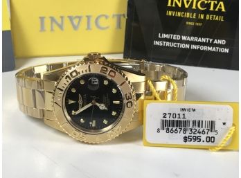 Nice Brand New INVICTA Midsize Divers Watch - Black Dial - Wide Gold Bezel - Paid $595 - Unisex Size