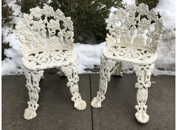 Two (2) Antique Victorian Cast Iron Garden Seats - Classic Grapevine Pattern - Old Worn White Paint NICE !