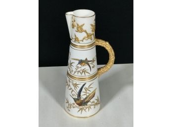 Stunning Antique 1892 Victorian ROYAL WORCESTER - All Hand Painted Tall Pitcher / Ewer With Birds - #1047