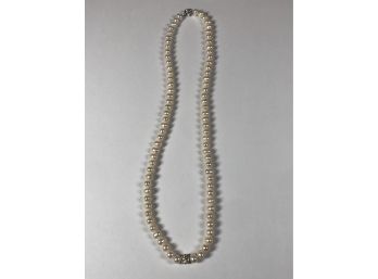 Beautiful Classic 18' Pearl Necklace With Sterling Silver Clasp With One Crystal Bead - VERY NICE PIECE