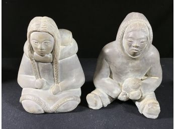Two (2) Fantastic ESKIMO / INUIT Marble Statues - ABBOTT - MADE IN CANADA - Great Pieces !