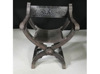 Fantastic Antique Carved Italian Savonarola Folding Chair - ALL ORIGINAL Leather Seat - Estate Fresh Piece