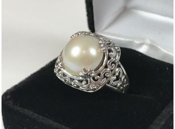 Lovely Large Sterling Silver With Split Pearl Ring - Nice Large Piece With Beautiful Detail Work VERY PRETTY