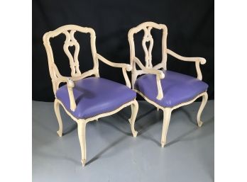 Gorgeous Pair Of French Style Armchairs - Cream Painted Frames - With Custom Iris Colored Leather Seats WOW !