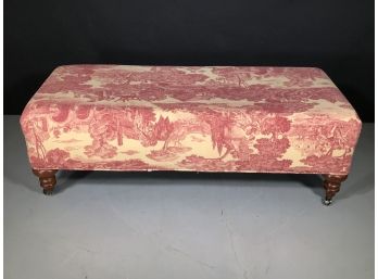 Huge Rectangular Ottoman On Brass Casters With Beautiful Red Toile Upholstery - OVER THREE FEET !