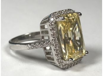 Fabulous Radiant Yellow Topaz Colored Stone With White Sapphire Sterling Silver Ring BEAUTIFUL !