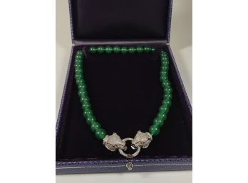 Phenomenal Cartier Style Jade Bead & 19' Sterling Silver Panther Heads Necklace 100'S Swarovski Crystals