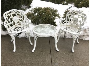 Fabulous Vintage Cast Iron Three Piece Garden Set - Two (2) Chairs And Cocktail Table - Lovely Rose Pattern