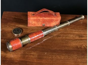 Fantastic Antique Style Brass MARINE TELESCOPE By DOLLOND With Nice Tooled Leather Case - GREAT PIECE !