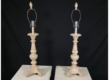 Pair Of Shabby Chic Candlestick Lamps By BALLARD DESIGNS - Bases Are 24' Tall - Great Vintage Look - NICE !
