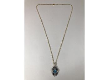 Lovley Art Deco Style Sterling Silver Necklace & Pendant  - 20' Chain - Blue / Green Colored Stone BEAUTIFUL !