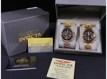 Pair Of INVICTA Pro Diver Watches - One ALL Gold Tone - One Two Tone Both With Black Dials Paid $995 For Pair