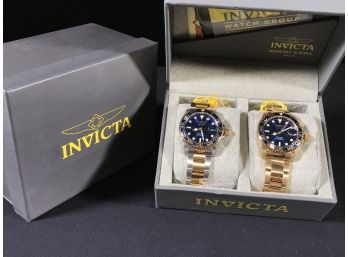 Pair Of INVICTA PRO DIVER Watches - One Two Tone - One All Gold Tone - Both With Navy Blue Dials -paid $995