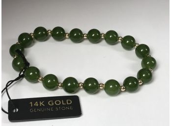 Fabulous Genuine Jade Bead & 14K Gold Bracelet - Brand New - Never Worn - $285 Retail Price