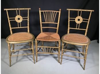 Lot Of Three (3) Antique Gold Gilt - Faux Bamboo Ballroom Chairs - Seats Are All Good - All Over 100 Years Old