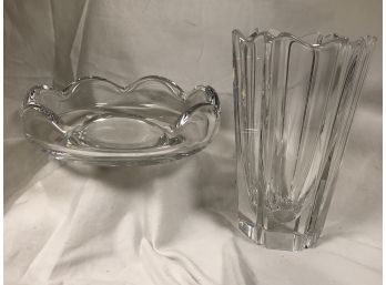 Two Fabulous Pieces Of ORREFORS Crystal - Nice Low Bowl & Elegant Tall Vase - MADE IN SWEDEN