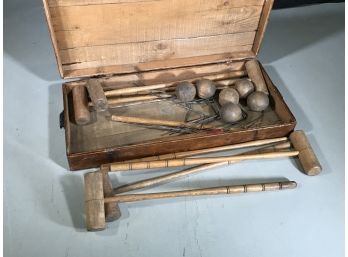 Great Antique Croquet Set In Original Box - Most Likely From England - Great Patina !