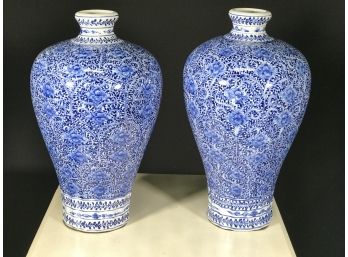 Incredible Pair Of Large Blue & White Urn Vases - All Hand Painted - Very High Quality  - BEAUTIFUL !