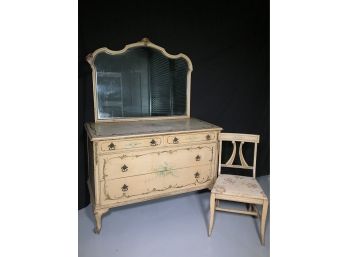 Lovely French Style Paint Decorated Chest, Mirror & Side Chair - Beautiful Worn Paint - Circa 1930s / 1940s