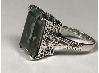 Fabulous Emerald Cut Pale Green Amethyst In Lovely Fancy Sterling Silver / 925 Setting Ring - WOW !
