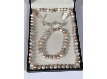 Fabulous Pearl Necklace, Bracelet & Earring Suite - Genuine Cultured Pearls In All Sterling Silver - With Box
