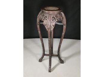 Lovely Antique Carved Asian Pedestal / Plant Stand With Marble - Beautiful Carvings - ESTATE FRESH !