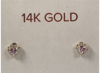 Two Fantastic Pairs Of 14K Gold & Pink Tourmaline Earrings - One Pair Studs - One Paid Hearts - 14K Gold