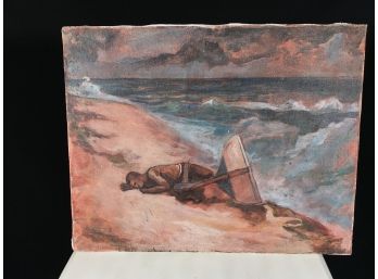 VERY INTERESTING Vintage Painting - Oil On Canvas - Man On Beach With Boat - Unframed Estate Painting