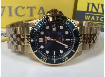 Fantastic Brand New All Gold Tone INVICTA Pro Diver With Blue Dial & Bezel - Paid $795 - BEAUTIFUL WATCH !