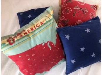 Americana Pillow Set With Zip Off Covers & Foam Inserts - USA, Stars And Cowboys
