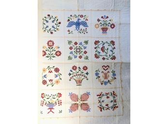 Vintage Handcrafted Cross-stitch Embroidered Quilt - 82x90 - So Charming