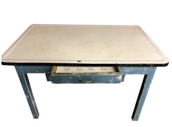 Depression Era Enameled Metal Top Table With Wooden Base And Drawer - 40'L X 25'W X 26'H