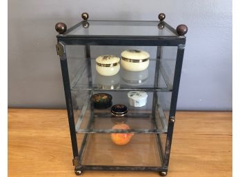 Glass & Silver Tone Curio Cabinet With AlabasterTrinket Boxes, Marble Peach  & Limoge