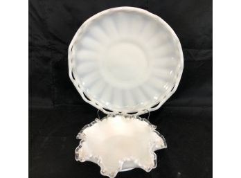 Milk Glass - Cake Platter & Ruffle Candy Dish -  Platter 11x2, Dish 8x2.5