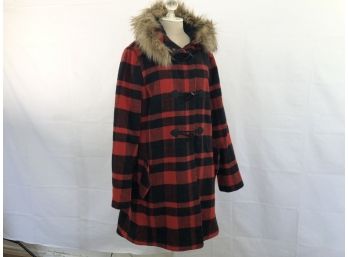 LL Bean Plaid Hooded Duffle Coat With Toggle Buckles - Wool Blend - Sz L